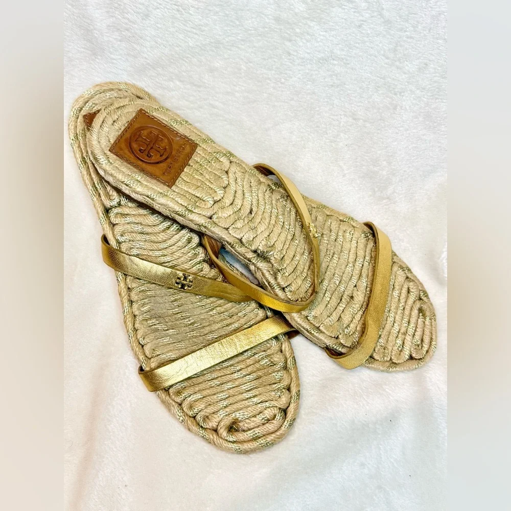Tory Burch‎ Women's Two-Band Flat Metallic Goat Madras Espadrille Slide Gold 9